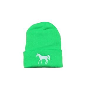 Women's One Size Fluorescent Green White Horse Embroidered Beanie Hat